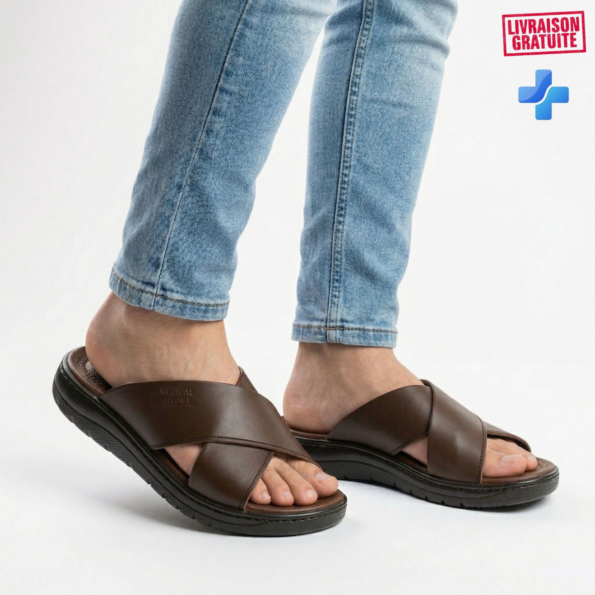 Sandale médicale homme à brides croisées – Vue coloris disponibles noir et marron BAJO