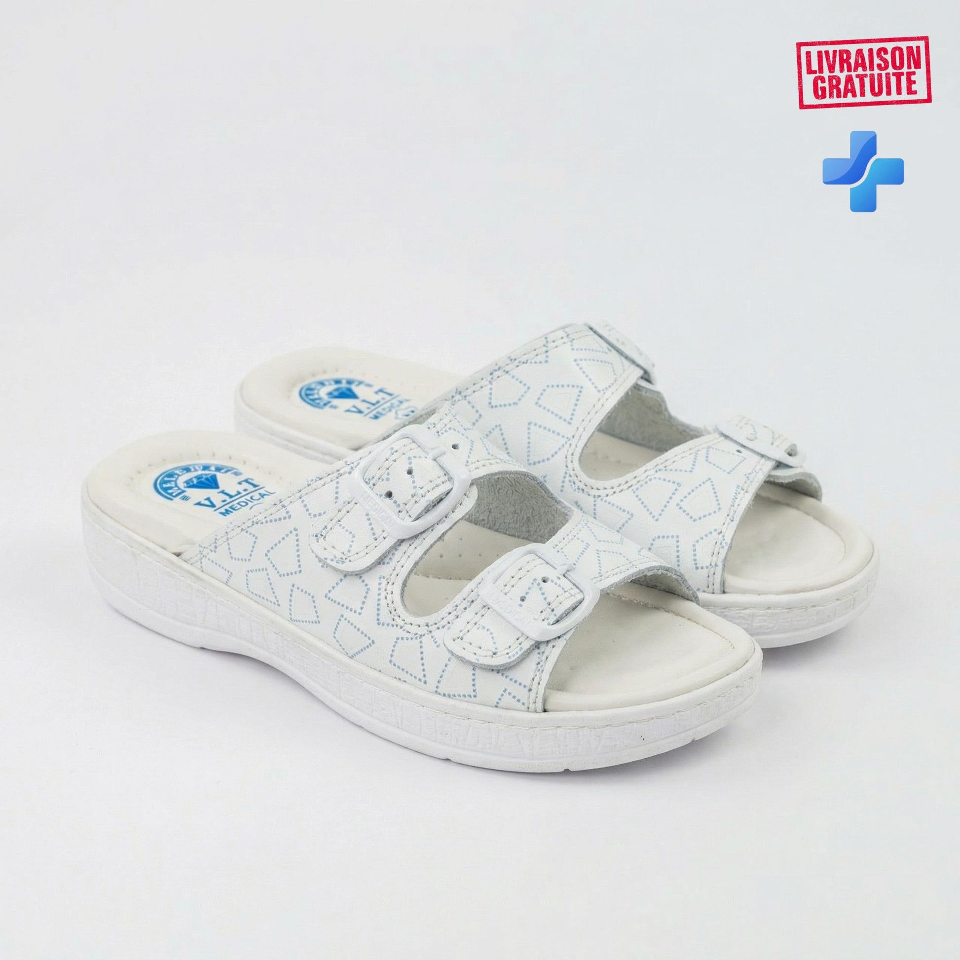 Sandales médicales femme cuir blanc - Vue paire 3/4 fond blanc - BAJO SHOES 700