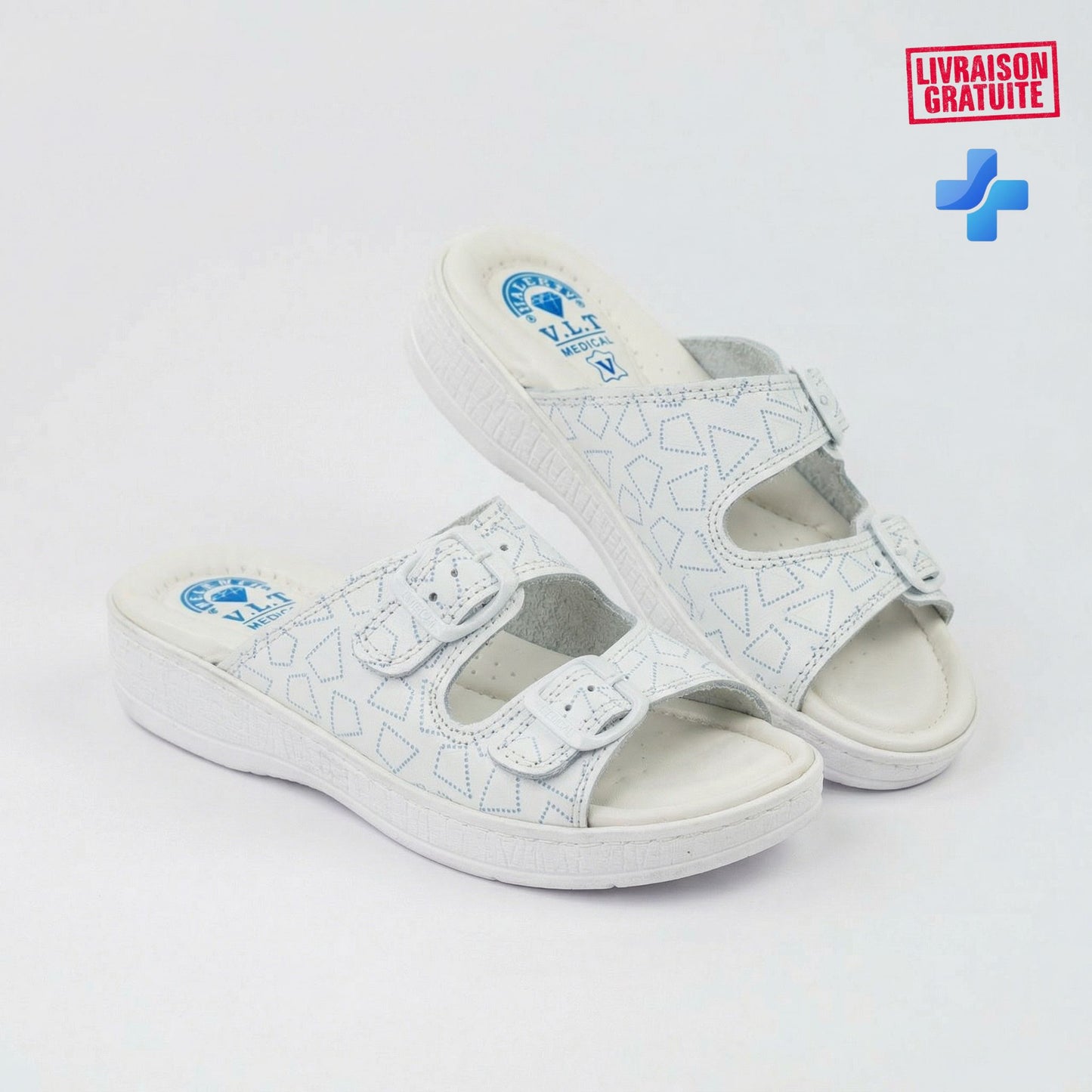 Sandales médicales femme cuir blanc - Vue dessus semelle médicale - BAJO SHOES 700