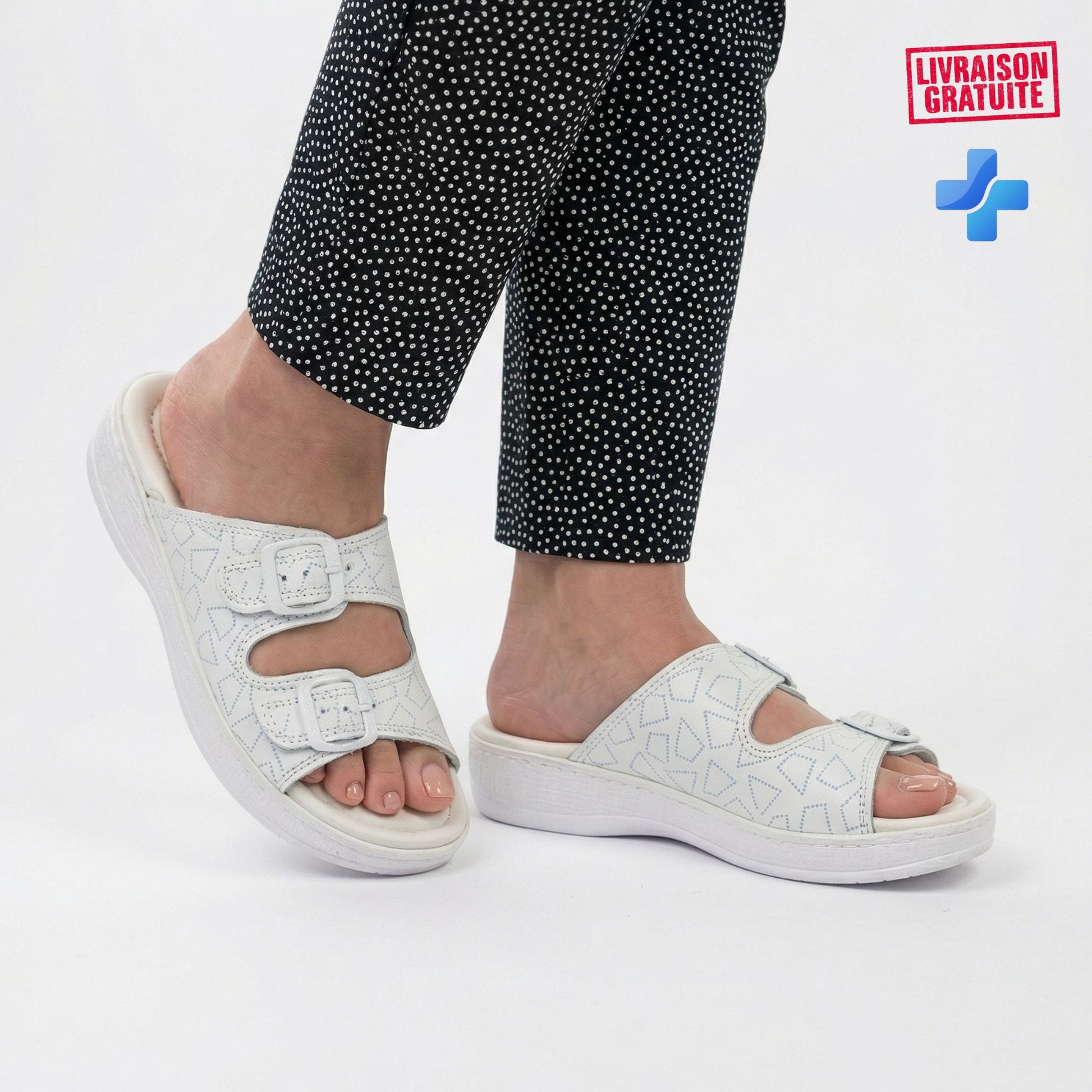Sandales médicales femme cuir blanc – Semelle compensée anti-fatigue double boucle BAJO 700