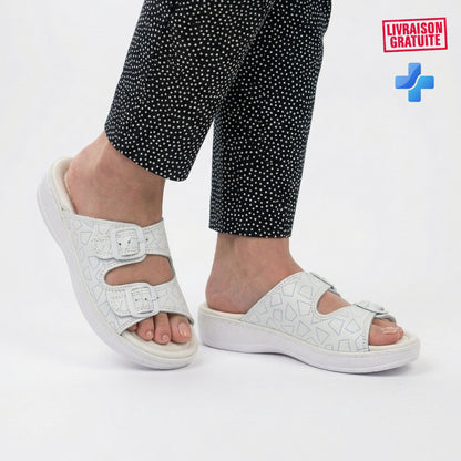 Sandales médicales femme cuir blanc – Semelle compensée anti-fatigue double boucle BAJO 700