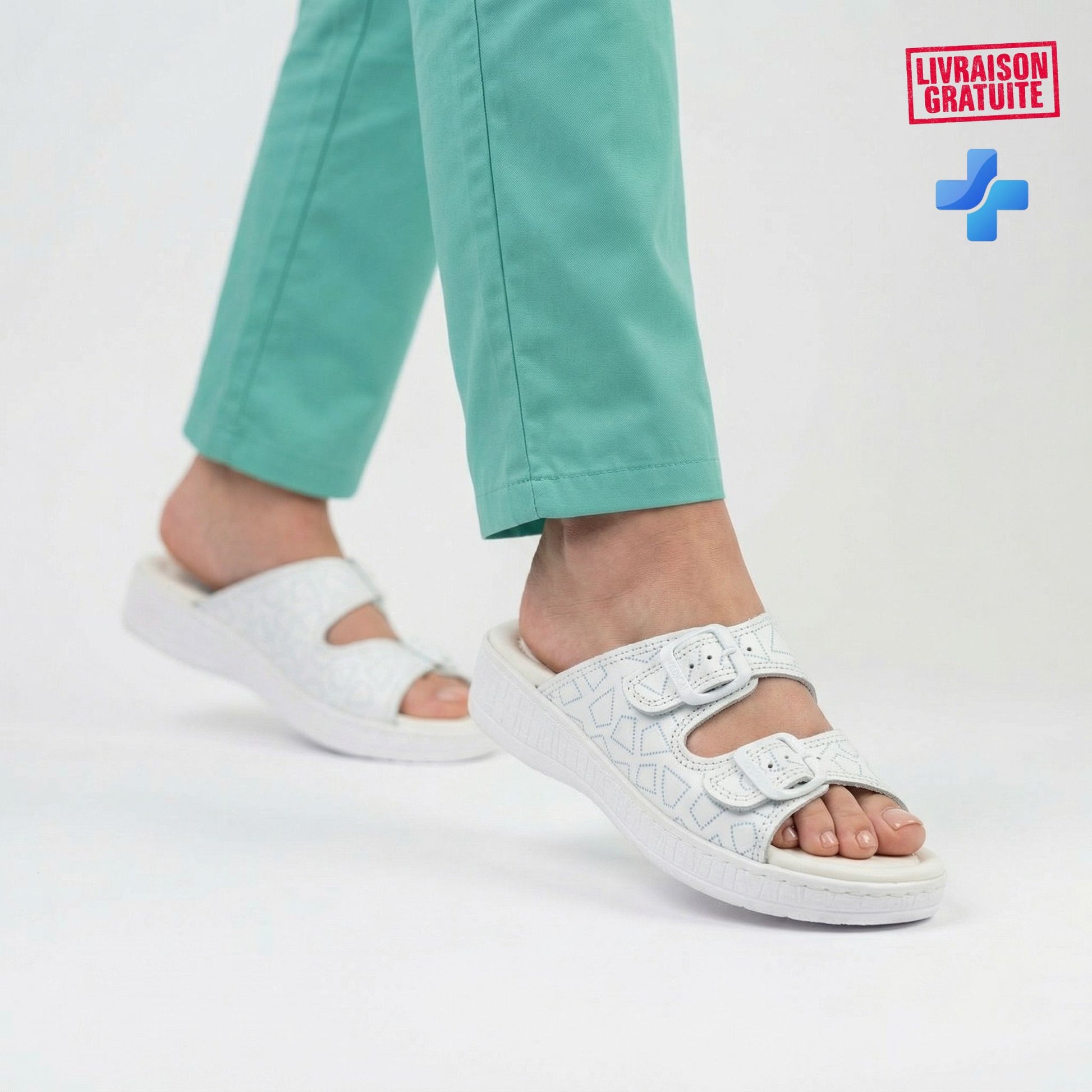 Sandales médicales femme cuir blanc portées en tenue médicale – Légères et confortables toute la journée BAJO 700