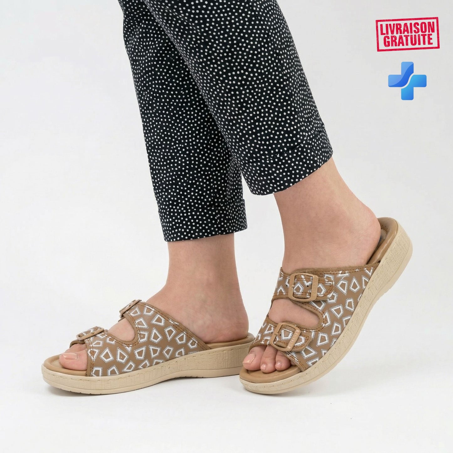 Sandales médicales femme cuir marron portées avec pantalon à pois - BAJO SHOES 700