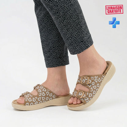 Sandales médicales femme cuir marron portées avec pantalon à pois - BAJO SHOES 700
