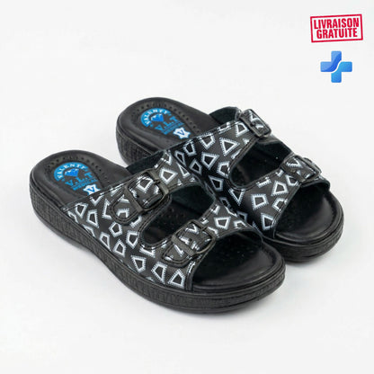 Sandales médicales femme cuir noir - Vue paire 3/4 fond blanc - BAJO SHOES 700