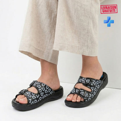 Sandales médicales femme cuir noir portées avec pantalon lin beige - BAJO SHOES 700