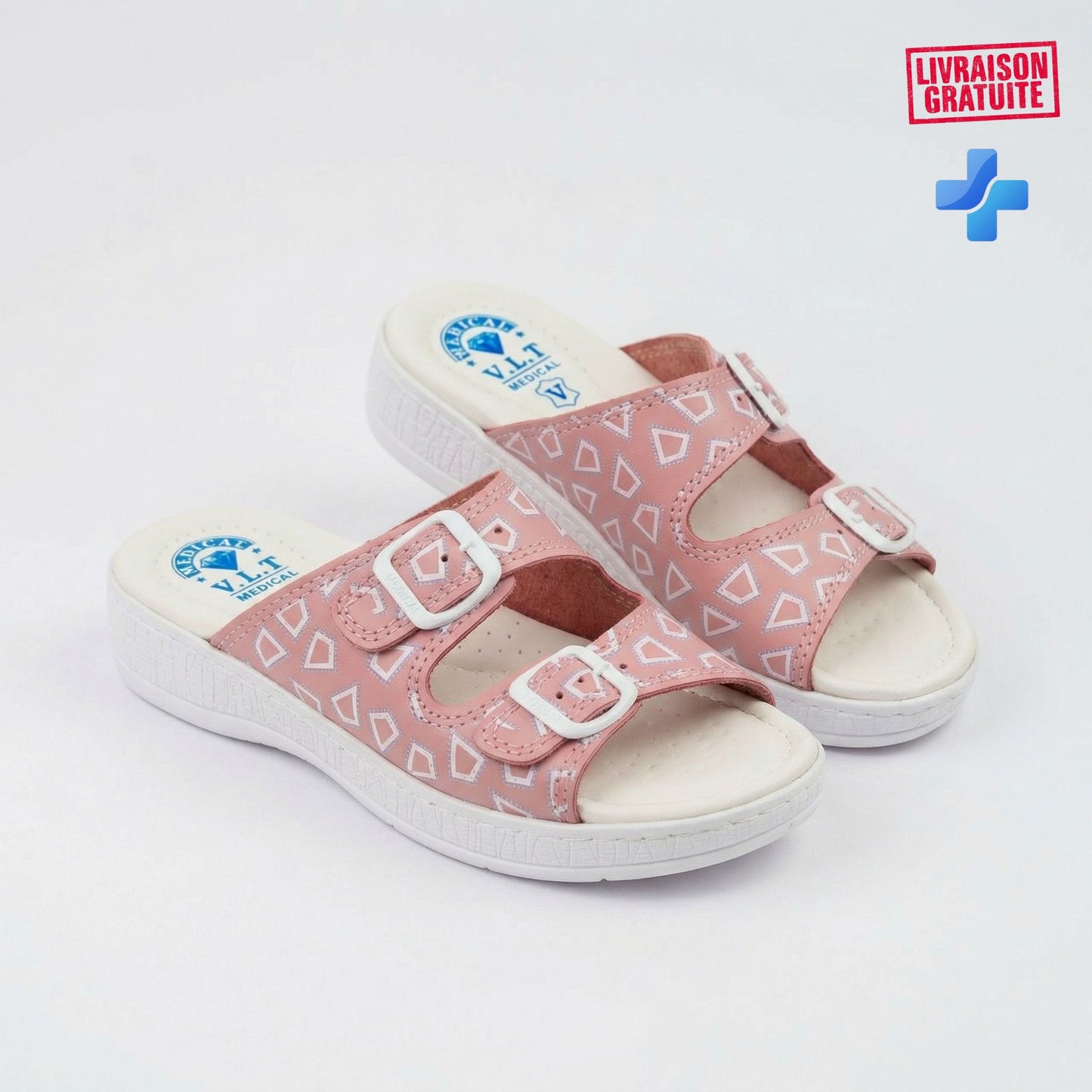 Sandales médicales femme cuir rose - Vue paire fond blanc - BAJO SHOES 700