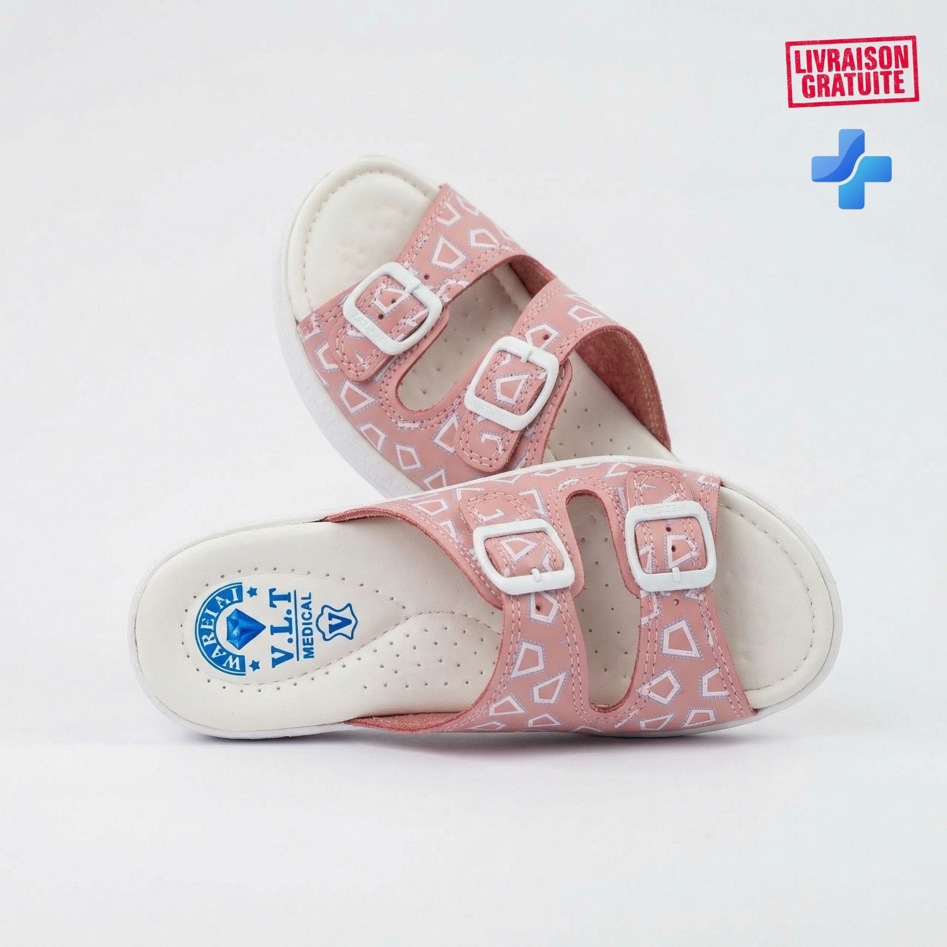 Sandales médicales femme cuir rose - Vue paire semelle médicale - BAJO SHOES 700