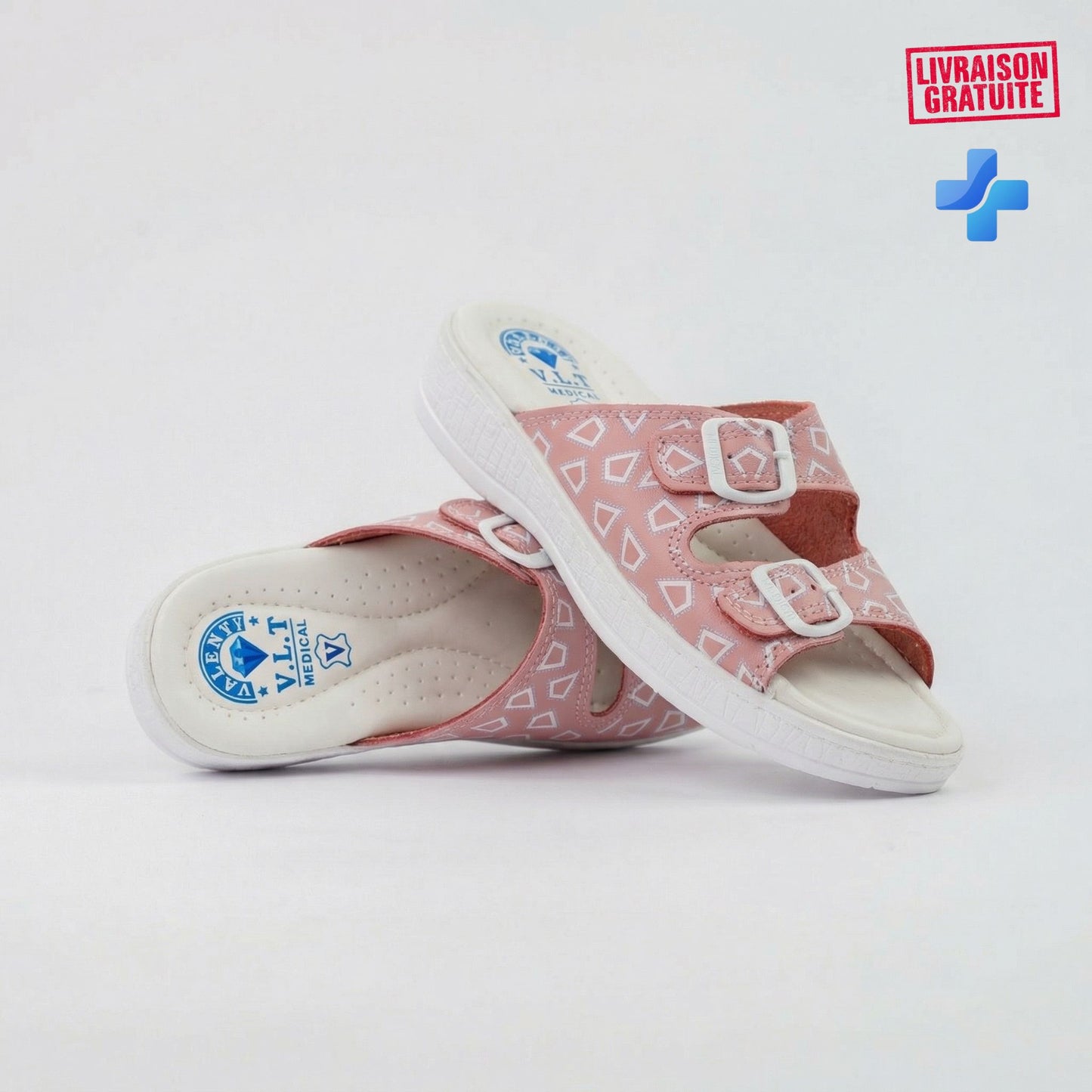 Sandales médicales femme cuir rose - Vue côté semelle compensée - BAJO SHOES 700